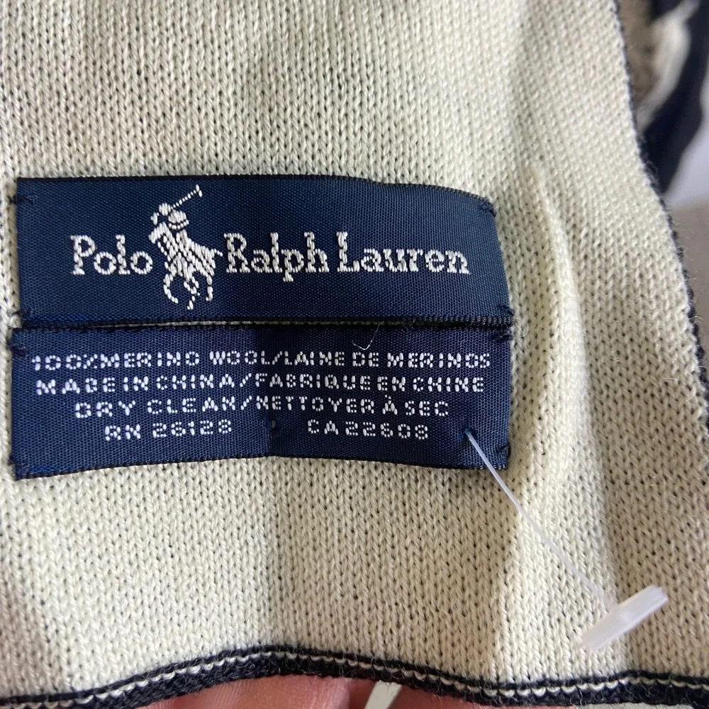 Polo Ralph Lauren Merino Wool Scarf Black Cream Big Pony Logo 9x72 Reversible